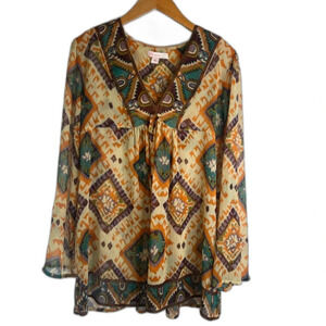 JW Style Aztec‎ Southwestern Semi Sheer Vneck Tunic Blouse Sz Medium